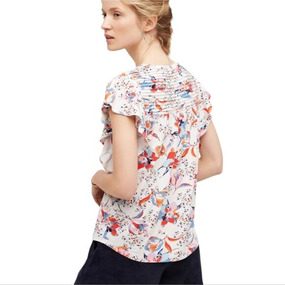 Anthropologie Ridged Yoke Floral Print Ruffle Sleeve Boho Cottagecore Knit Top S - Picture 3 of 9